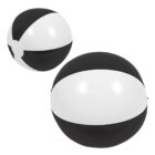 Two black and white beach balls with alternating colored panels.