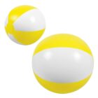 Two inflatable beach balls with yellow and white stripes.