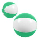 Two inflatable beach balls with green and white stripes.