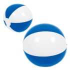 Two blue and white striped beach balls isolated on a white background.
