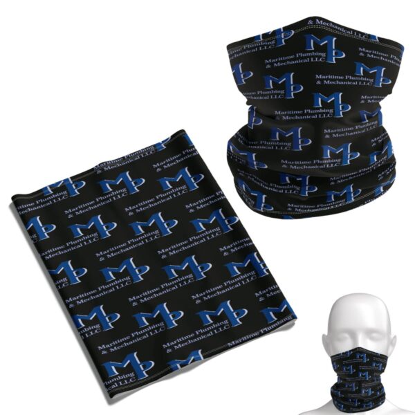 Black neck gaiters with blue MP and text pattern, displayed on mannequin and folded.