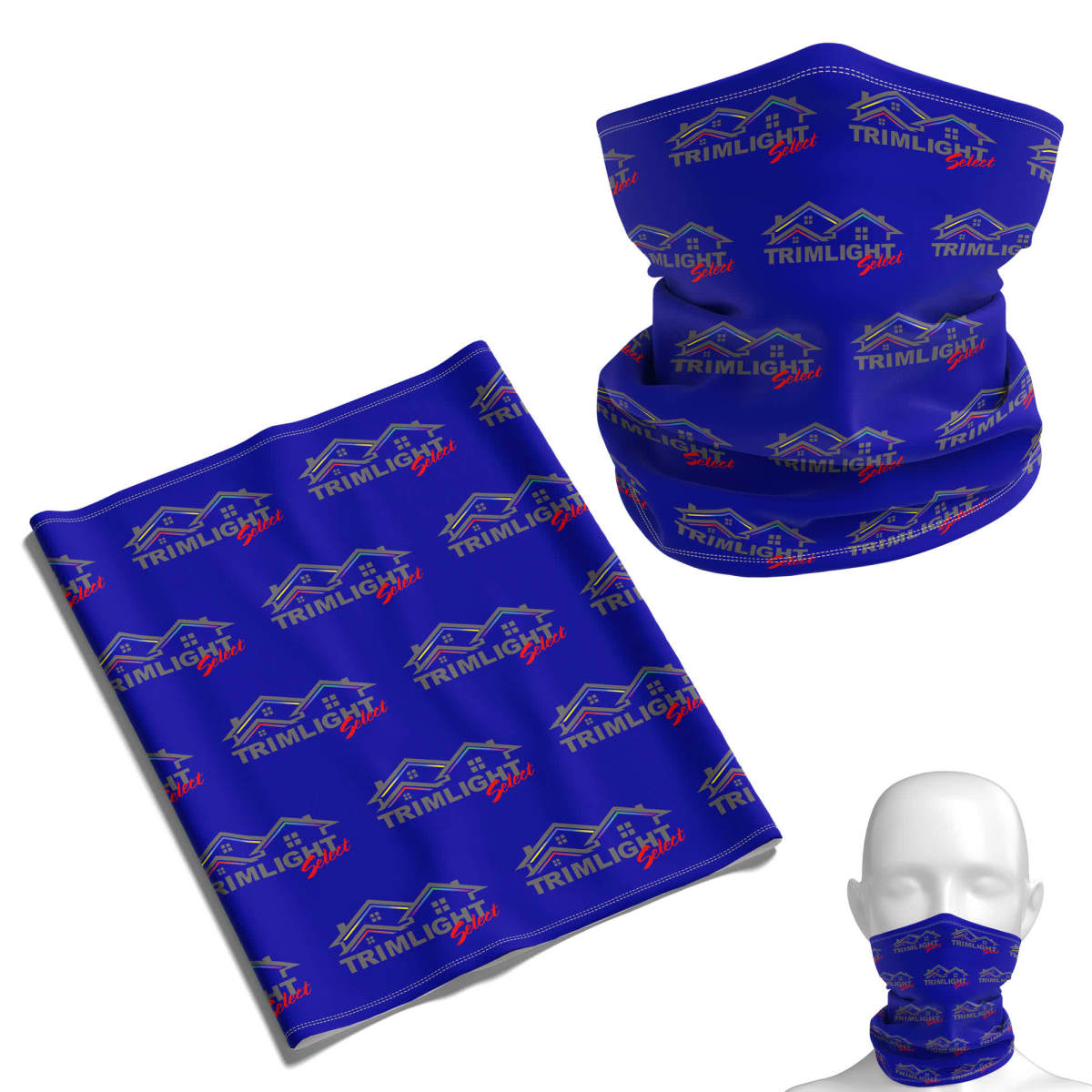 Blue neck gaiter with Trimlight Safe logo pattern, shown flat and worn by a mannequin.