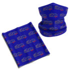 Blue face coverings with Trimlight logo in white and red repeated pattern.