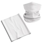 White neck gaiter and matching cloth laid flat on a clean background.