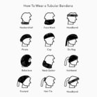 Diagram showing twelve ways to wear a tubular bandana on a head.