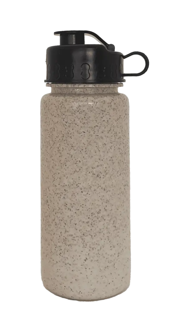 Textured, recycled bottle with a black lid and loop handle.