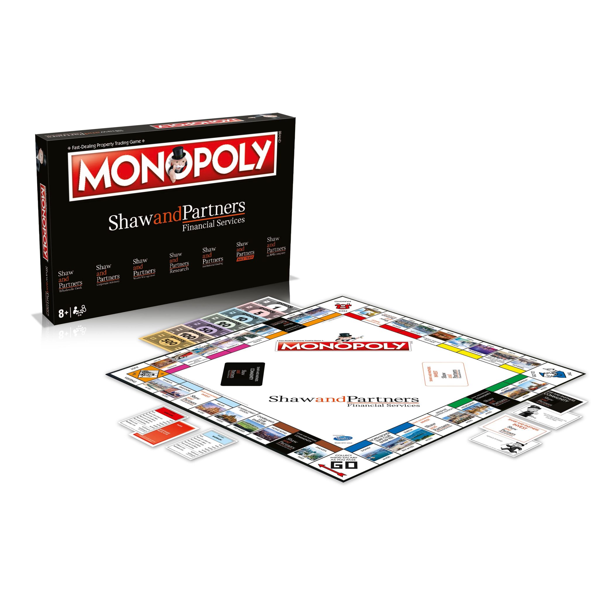 Custom Monopoly game board featuring Shaw and Partners loho