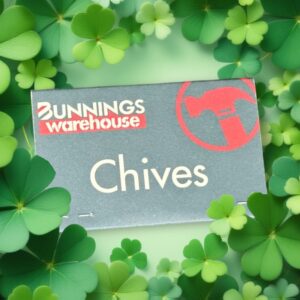 Chives seedstick custom branded with Bunningd Warehouse logo, surrounded by green background