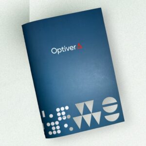 Dark blue notebook custom branded with Optiver's logo