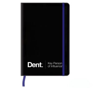 Omega black notebook, custom branded with Dent Global's logo