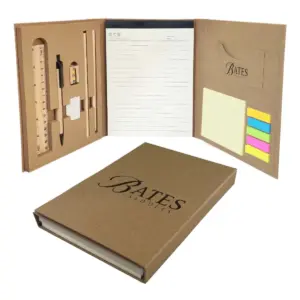 Brown stationery set with notepad, sticky notes, ruler, pencil, and eraser in a folder.