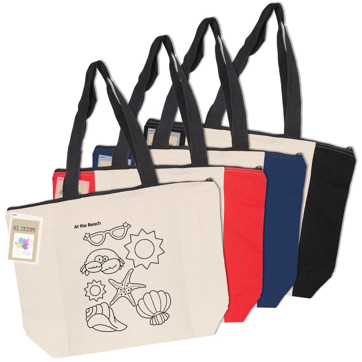 Five tote bags with beach-themed designs in different colors: cream, red, blue, and black.