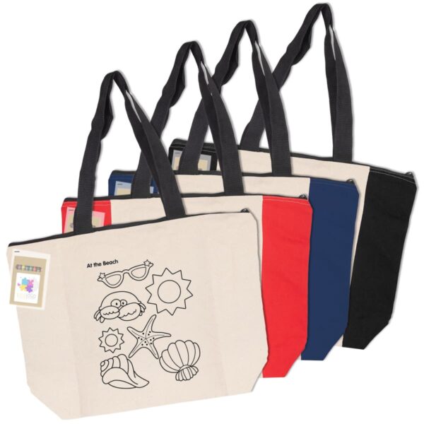 Five tote bags with beach-themed designs in beige, black, red, and blue.