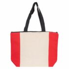 Canvas tote bag with red stripes and black handles.