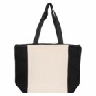 Canvas tote bag with black and beige vertical panels and black handles.