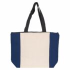 A tote bag with blue sides and black handles.