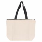 Beige tote bag with black handles on a white background.