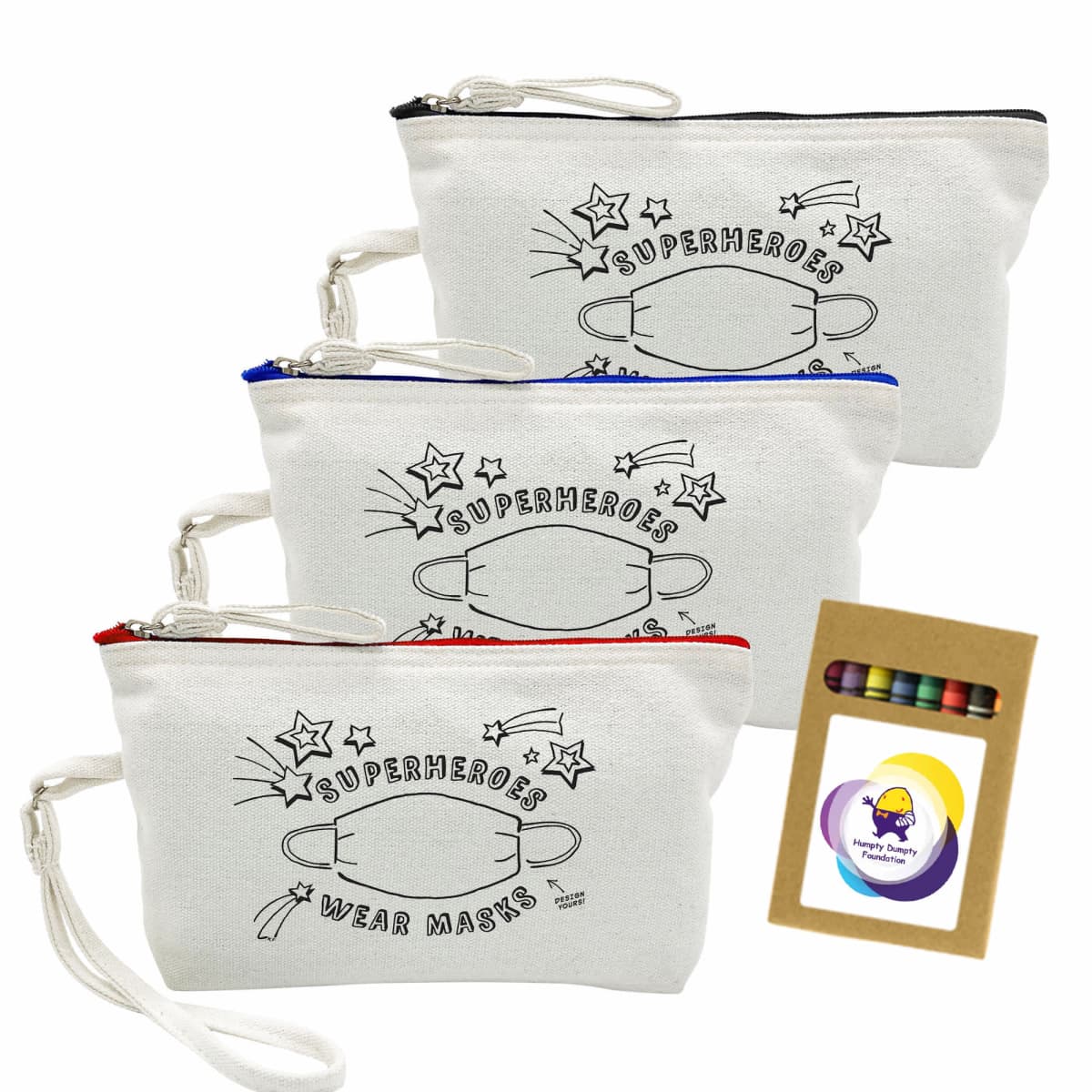 Three canvas pouches with superhero mask design, colored zippers, and a crayon set.