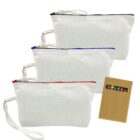 Three white zippered pouches with colored zippers, next to a box of crayons.