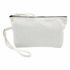 White canvas pouch with a zipper and wrist strap.