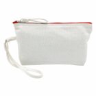 White canvas pouch with red zipper and wrist strap.