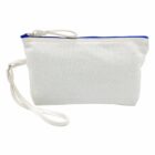 White canvas pouch with blue zipper and wrist strap.