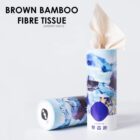 Two artistic blue bamboo tissue packages, one upright with tissue visible.