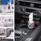 Tissue holder in car cup holder; other designs displayed in house settings.
