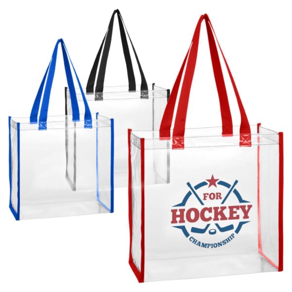 Three transparent tote bags with colored handles and For Hockey Championship logo on one bag.
