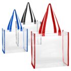Three transparent tote bags with red, black, and blue handles.