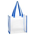 Clear tote bag with blue handles and trim.