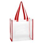 Clear tote bag with red handles and borders.