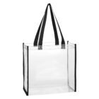 Clear tote bag with black handles and trim.