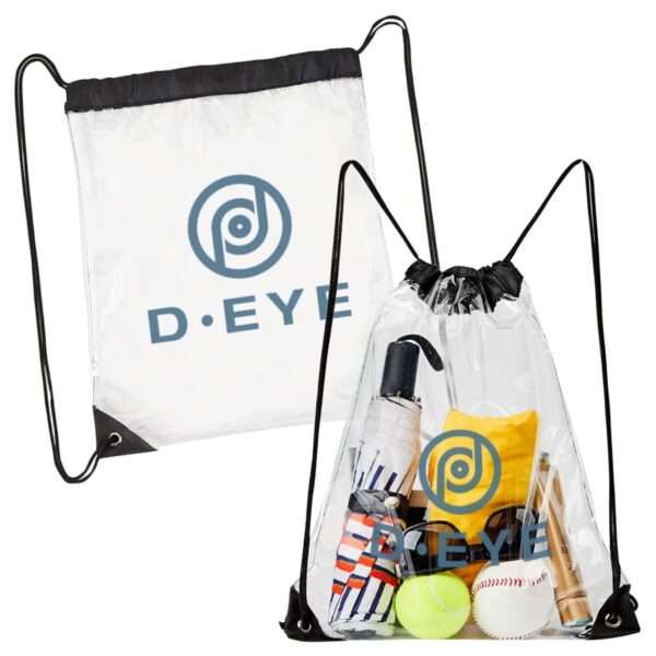 Clear drawstring bags with D-EYE logo, containing sports and personal items.