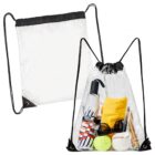 Clear drawstring backpack with sports items and toiletries, next to an empty one.