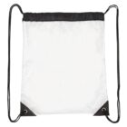 Clear drawstring backpack with black trim and black strings, isolated on a white background.