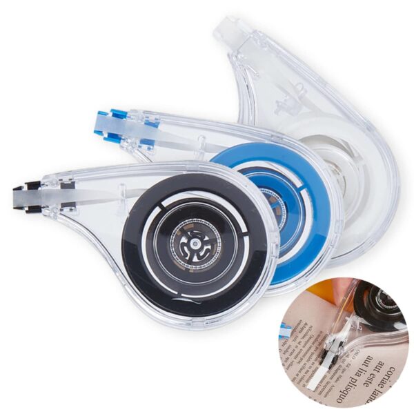 Three clear correction tape dispensers in black, blue, and white, with a close-up inset.
