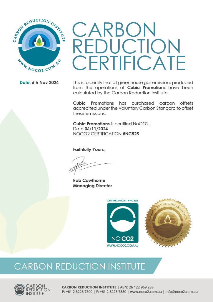Carbon Reduction Certificate awarded to ISO 9001:2015 certified Cubic Promotions.