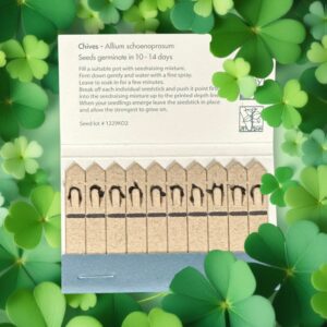 Chives seed packet with clover background and planting instructions.