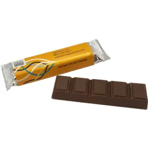 Chocolate bar with silver and orange packaging with white, black, green design