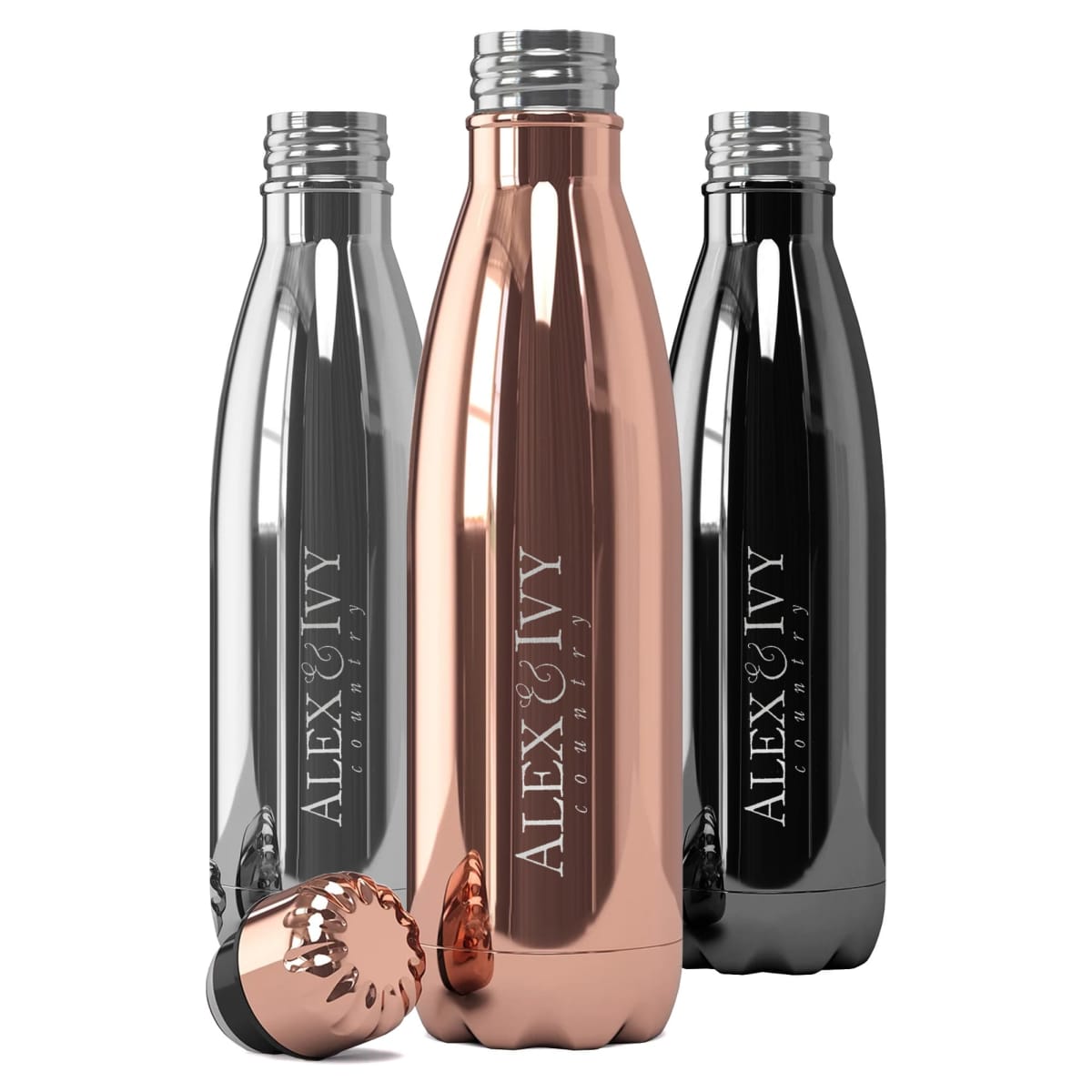 Three metallic water bottles, two silver and one bronze, with ALEX & IVY LONDON branding.