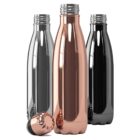 Three stainless steel bottles in silver, bronze, and black, with one cap removed.