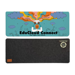 Full coloured desk mats and a black desk mats, both branded with company logos