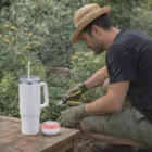 Man trims plants; Dual Action Insulated Mugs + Bluetooth Speakers sit on the table nearby.