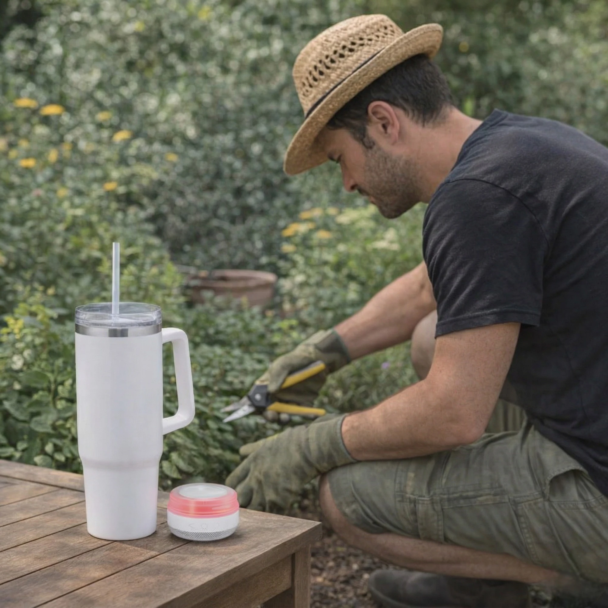 Man trims plants; Dual Action Insulated Mugs + Bluetooth Speakers sit on the table nearby.