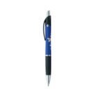 A blue and black retractable ballpoint pen with a silver tip and clip.