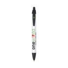 White and black pen with green text one world and map logo.