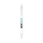White pen with NEW IDEAS text and a clear clicker on top.