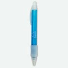Blue retractable pen with a white clip and ergonomic grip.