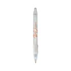 Clear retractable pen with an orange logo and white grip.
